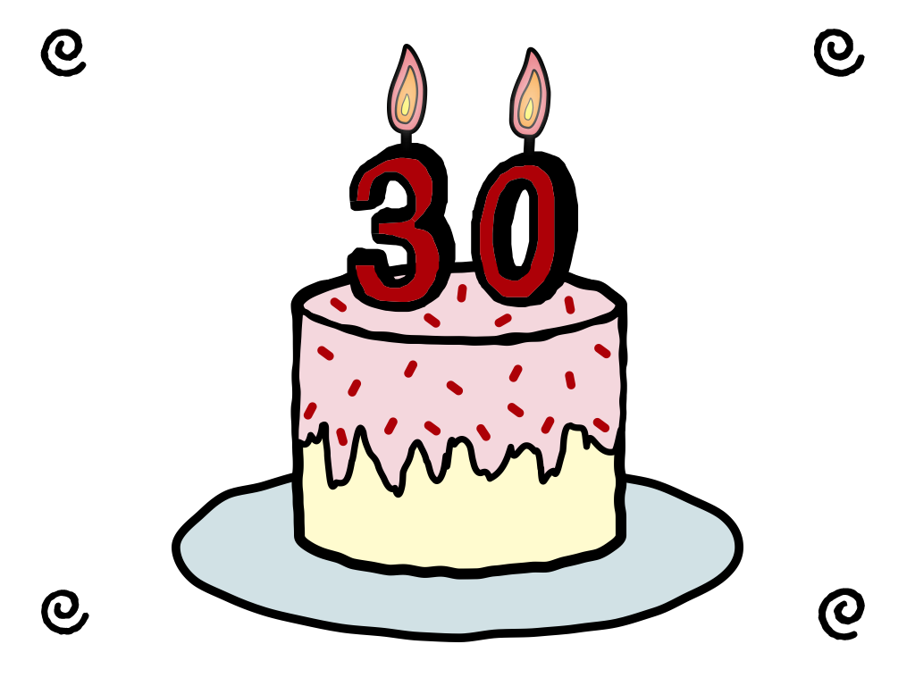 Slide content: birthday cake with candles shaped like the number 30