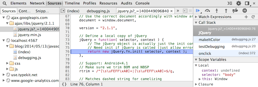 Screenshot of debugging jQuery.