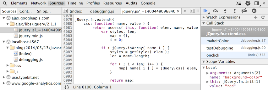 Screenshot of debugging jQuery.