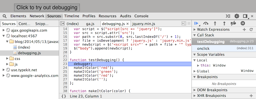 Screenshot of start of debugging.