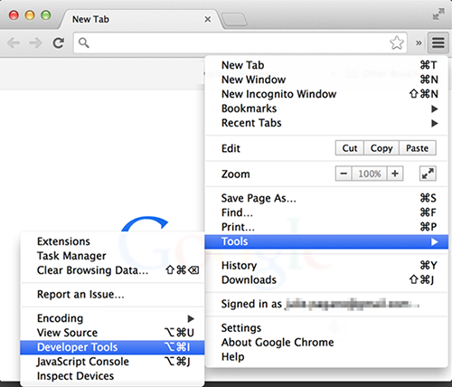 Screenshot of opening the chrome developer tools.
