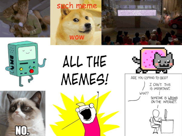 slide with a large number of silly memes on it including: tribbles, doge, BMO dancing, nyan cat, grumpy cat, all the things, xkcd, and Oprah releasing bees.