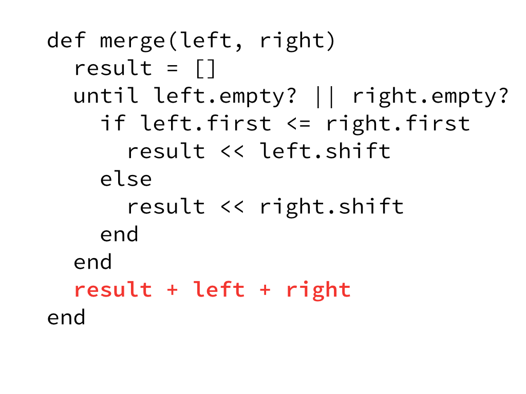 Walking through sample of merge sort in ruby broken down to the merge method with code.