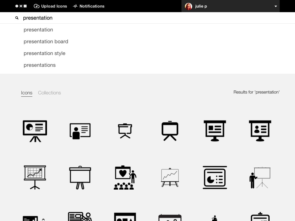 Screenshot of search for 'presentation' on The Noun Project