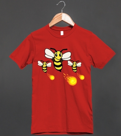 red tshirt with three bees shooting fire