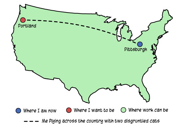 map of the US with pushpins in Pittsburgh and Portland and a dotted line between them