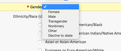 Form with a required gender field with the following options: Female, Male, Transgender, Nonbinary, Other, Decline to state.