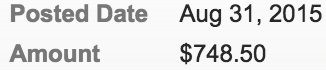 Screenshot of bank transaction for $748.50 posted on August 31, 2015.