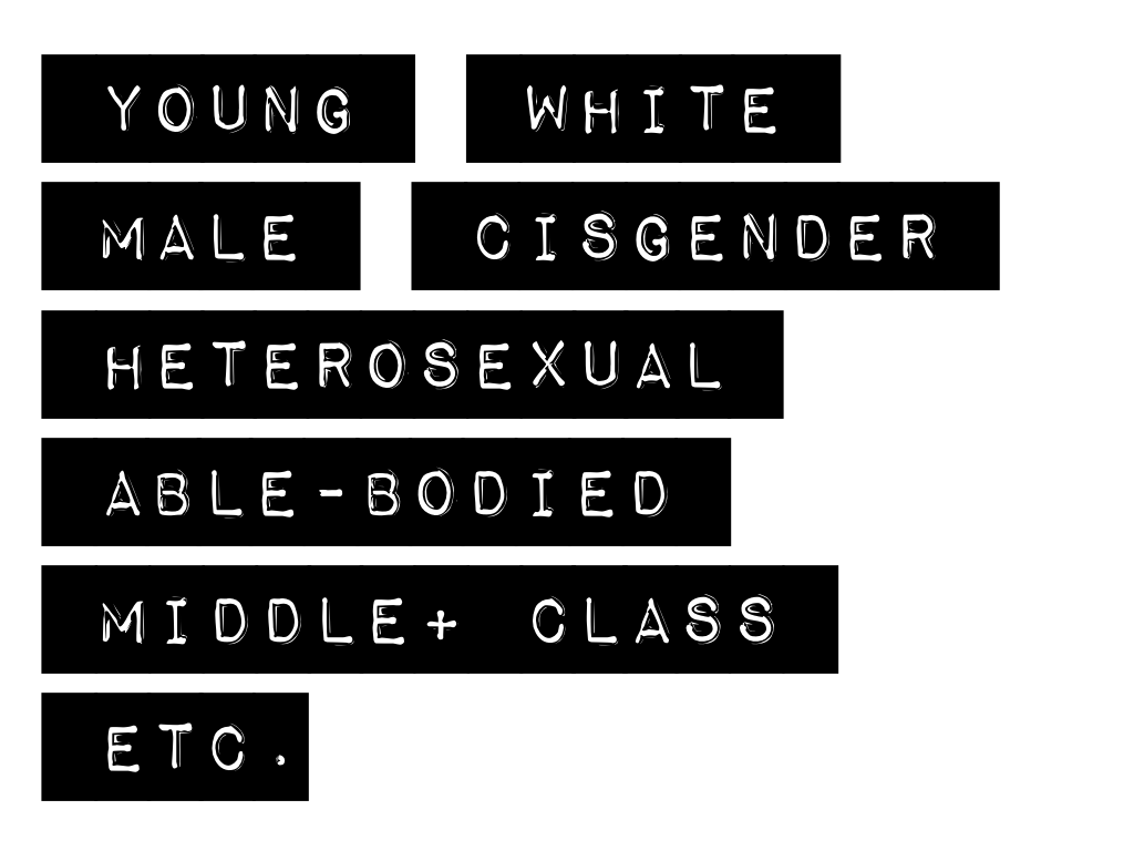 Slide content: young, white, male, cisgender, heterosexual, able-bodied, middle+ class, etc.