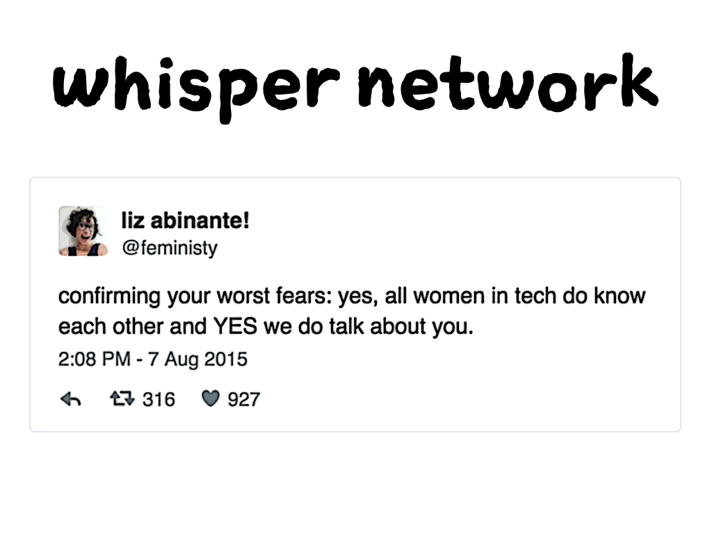 Slide content: whisper network. tweet from @feministy that reads: 'confirming your worst fears: yes, all women in tech do know each other and YES we do talk about you.'