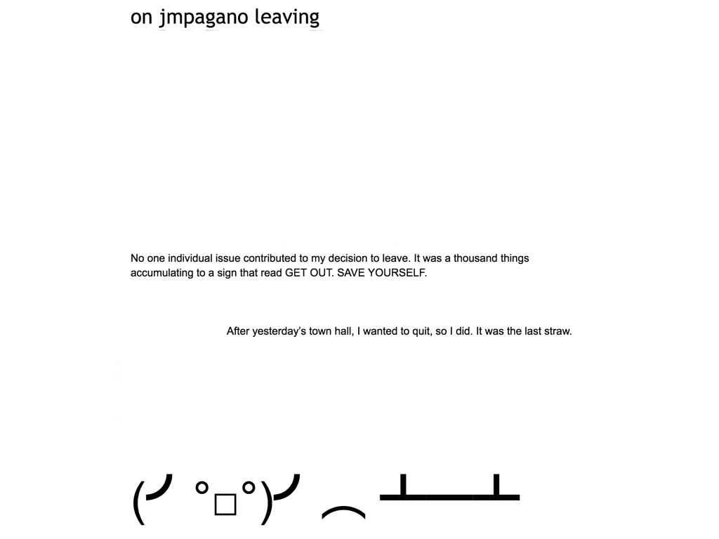 Slide content: heavily redacted goodbye letter titled 'on jmpagano leaving' with a table flip ascii emoticon at the end